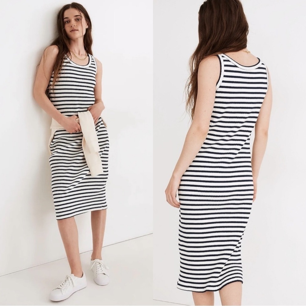 Madewell Women’s Ribbed Tank Midi Dress Sleeveless Scoop Neck in Navy White M